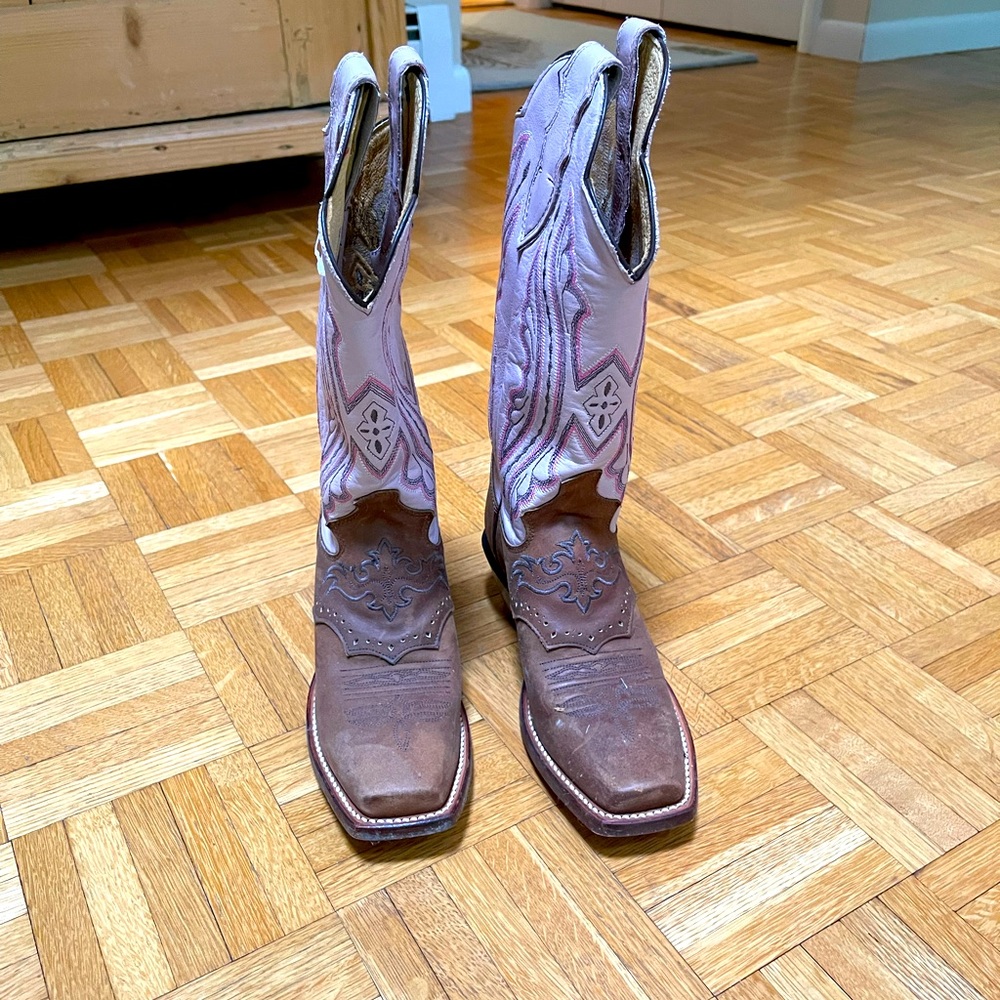 Justin Boots Brown Leather Western Heeled Boots with Pink Shaft